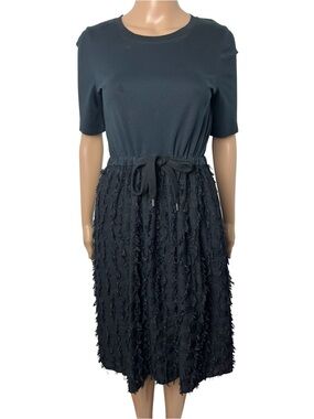 See By Chloe Black Tufted Textured Fringe Midi Shirt Dress Drawstring Pockets